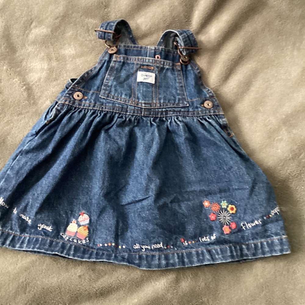 Oshkosh Baby Girl Denim Jean Dress 12 Month Embroidered Flowers Cupcake